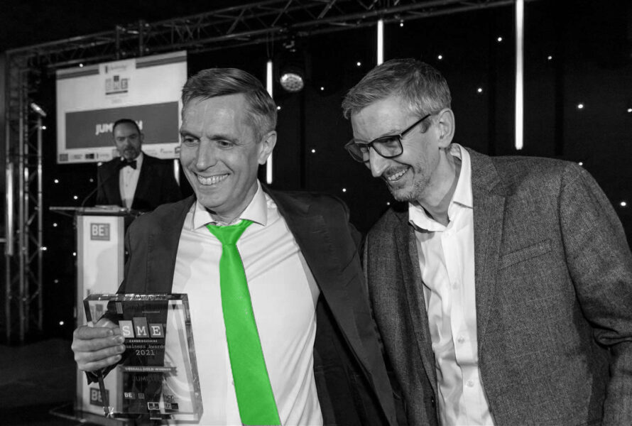 Jumptech founder Phil Nunn and Head of Pre-Sales Engineering Gavin Harper collect SME Cambridgeshire Business Award 2021